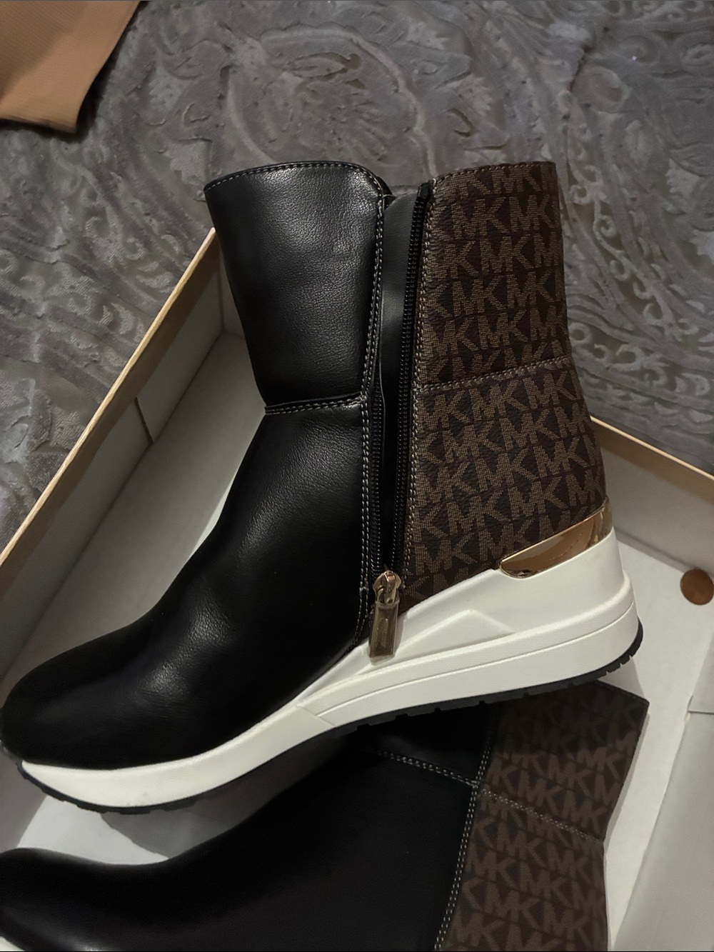 Michael Kors Black & Brown Logo Wedge Ankle Boots - Picture 4 of 5